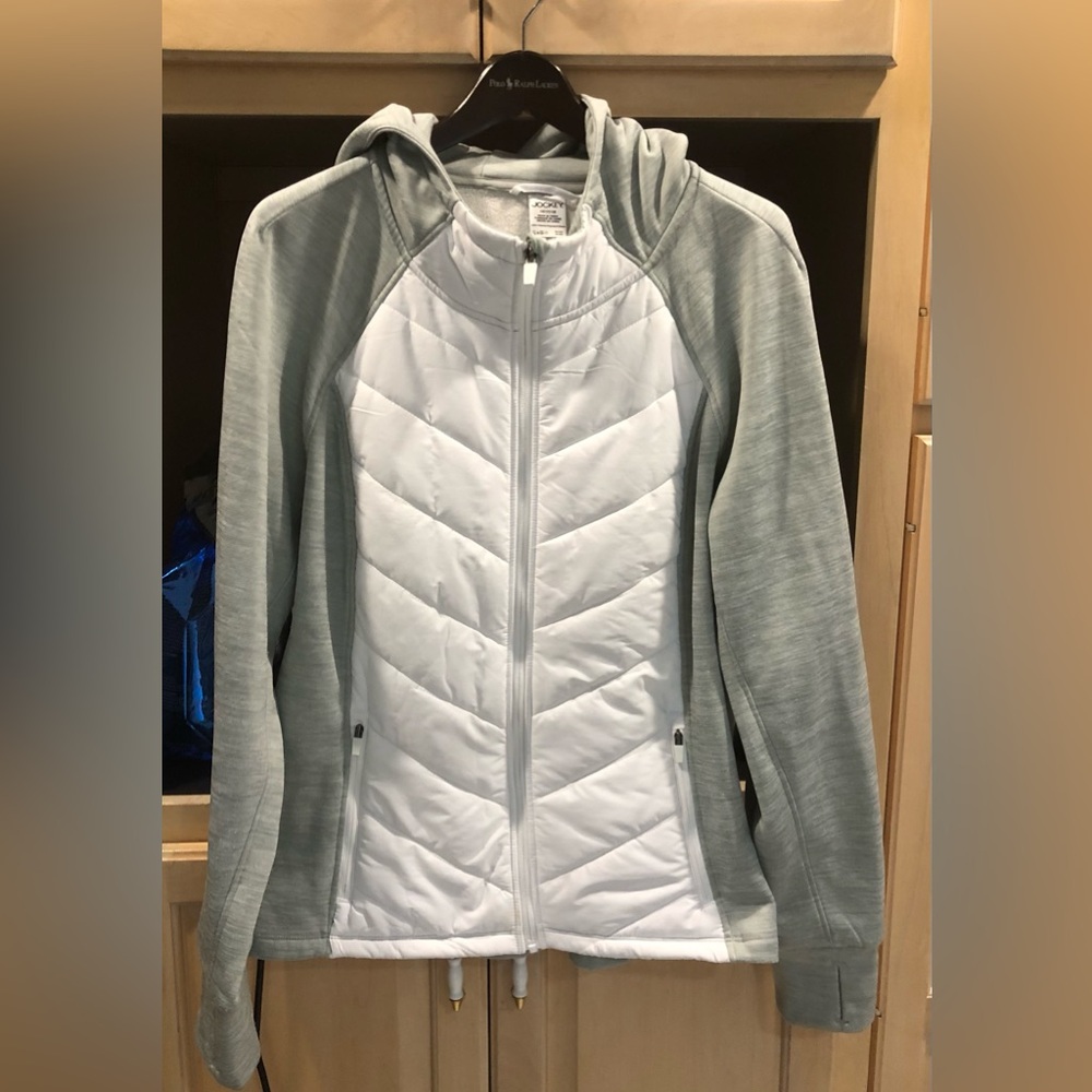 Jockey White Quilted Front Jacket with Light Gray Knit Sleeves